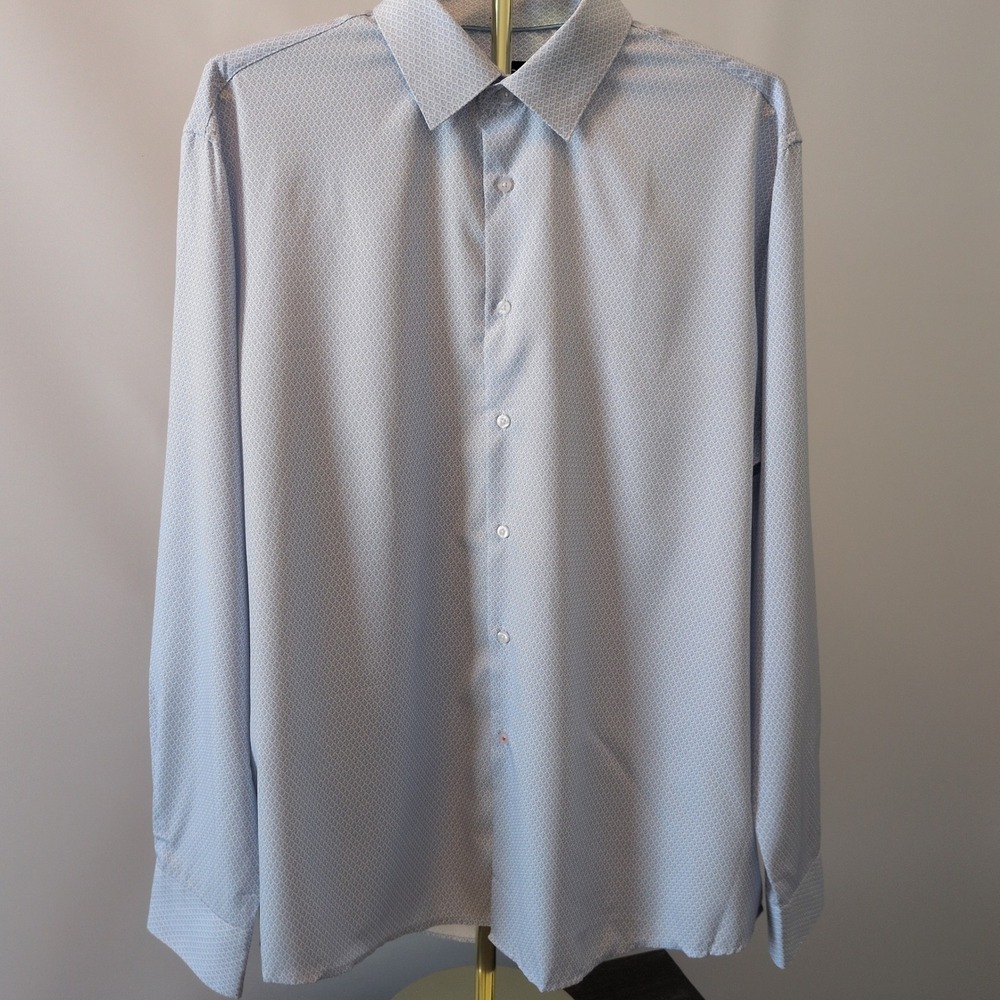 Nautica Button Up Men XL Blue White Slim Fit Geometric Leaf Print Long Sleeve
